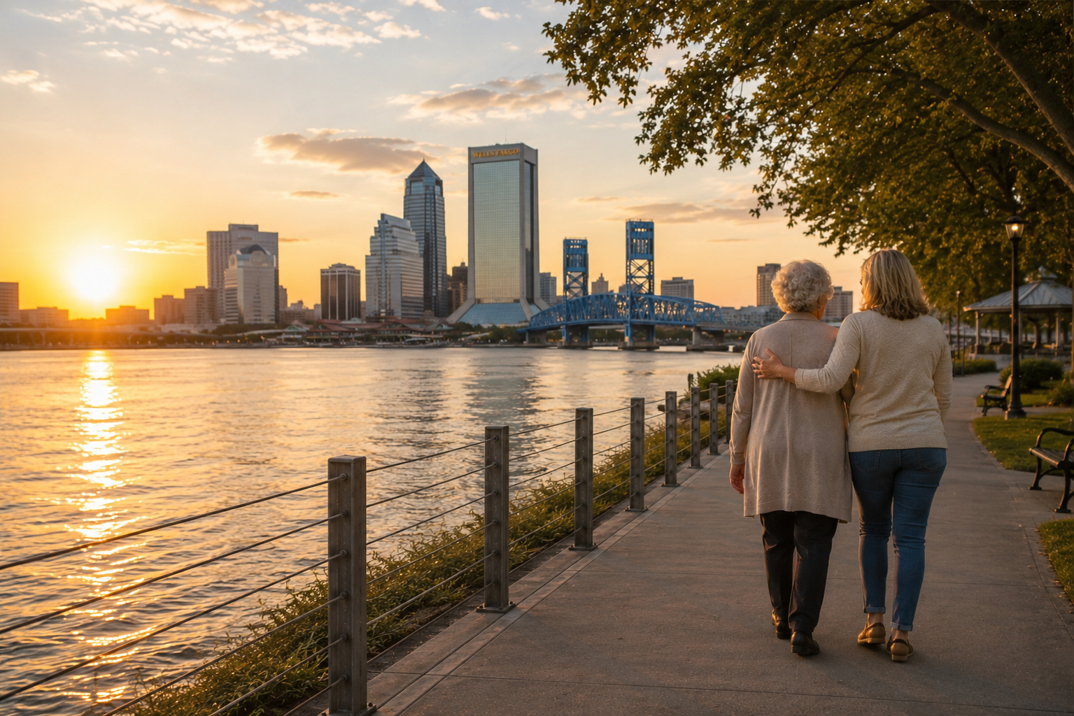 An adult daughter walking arm-in-arm with her elderly mother along the Jacksonville riverwalk at sunset