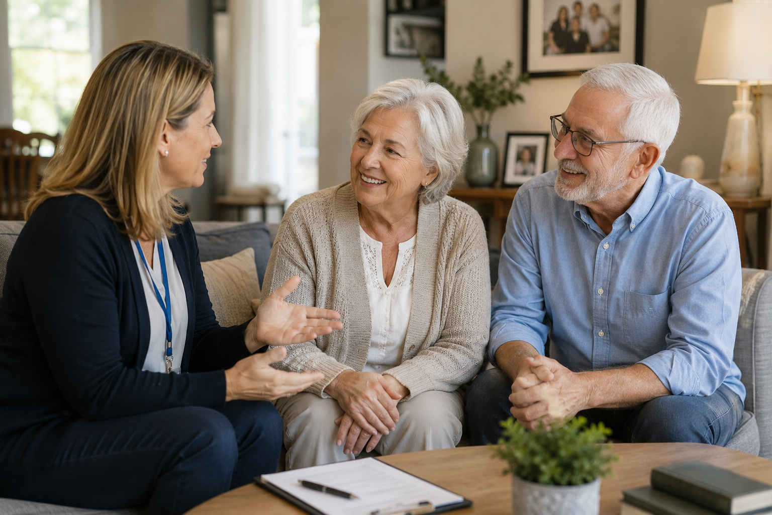 An IBIS advisor sitting beside a senior, kindly helping them review options